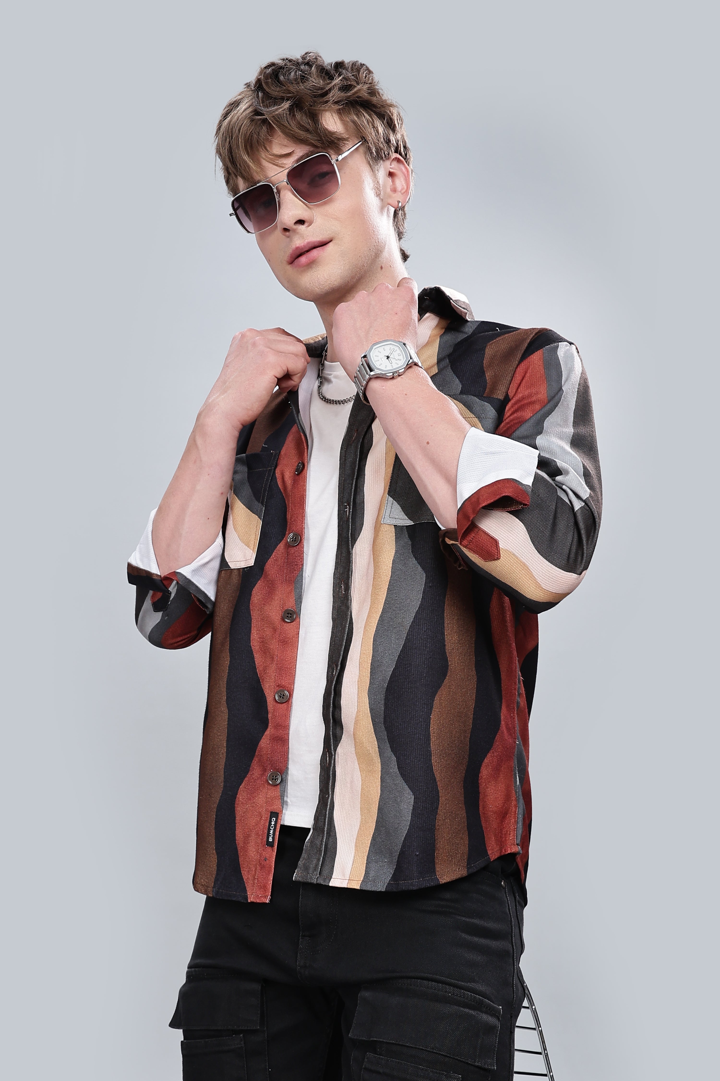 Brown Wavy Relaxed Fit Overshirt