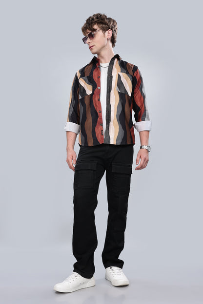 Brown Wavy Relaxed Fit Overshirt