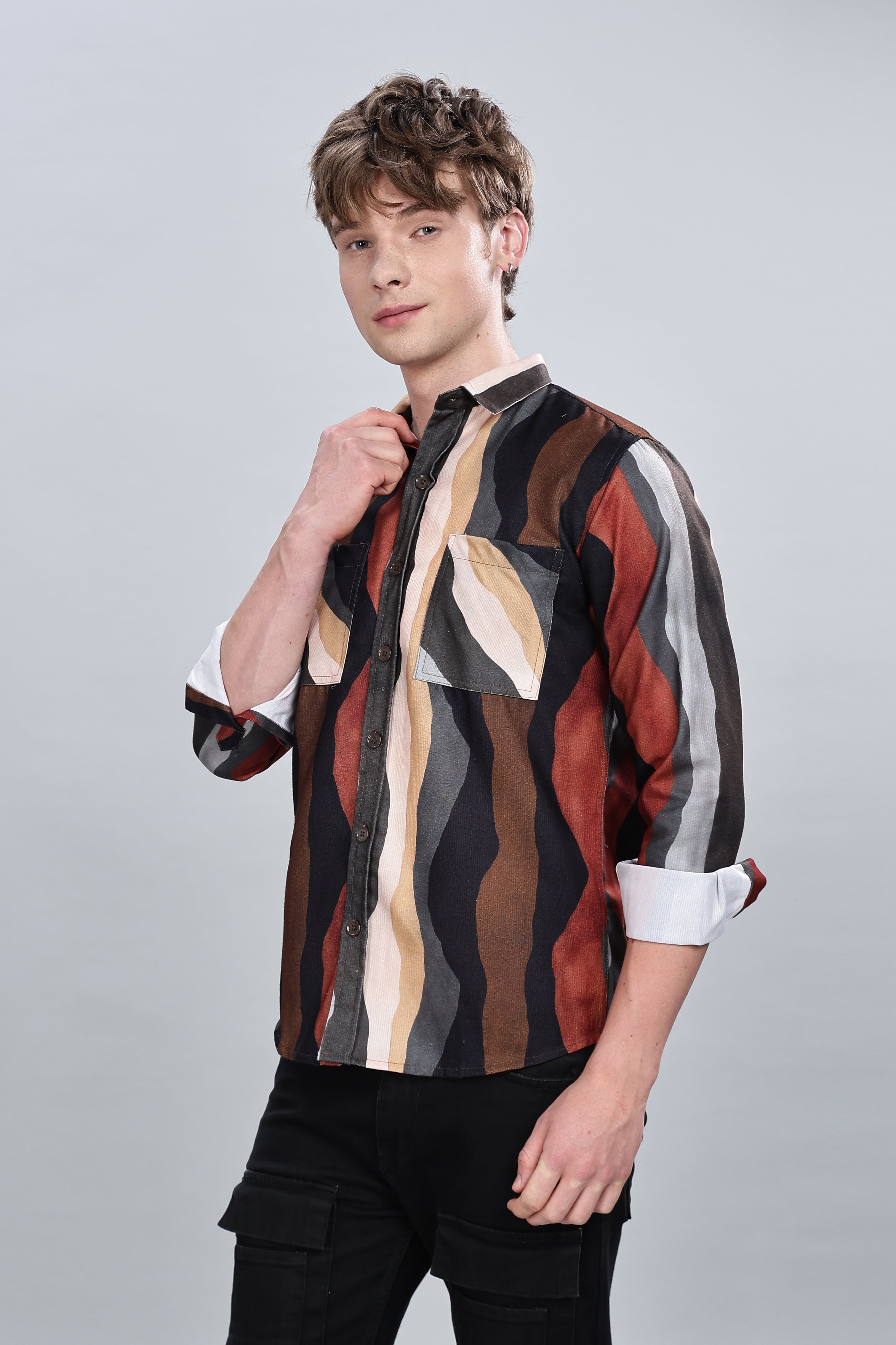 Brown Wavy Relaxed Fit Overshirt