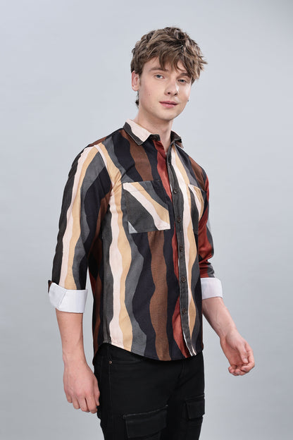 Brown Wavy Relaxed Fit Overshirt