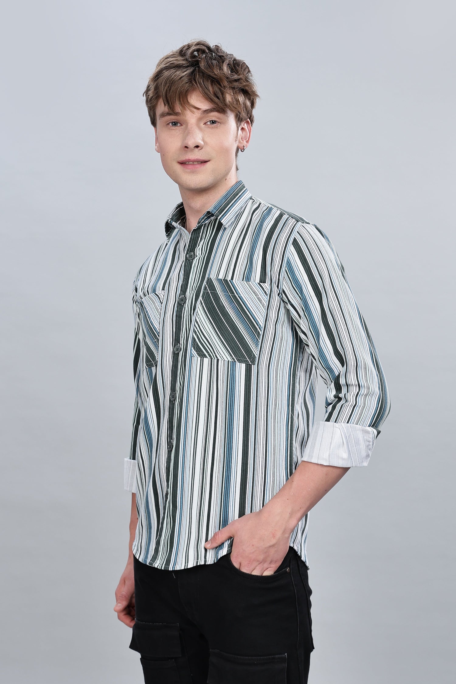 Green Blue Stripes Relaxed Fit Overshirt