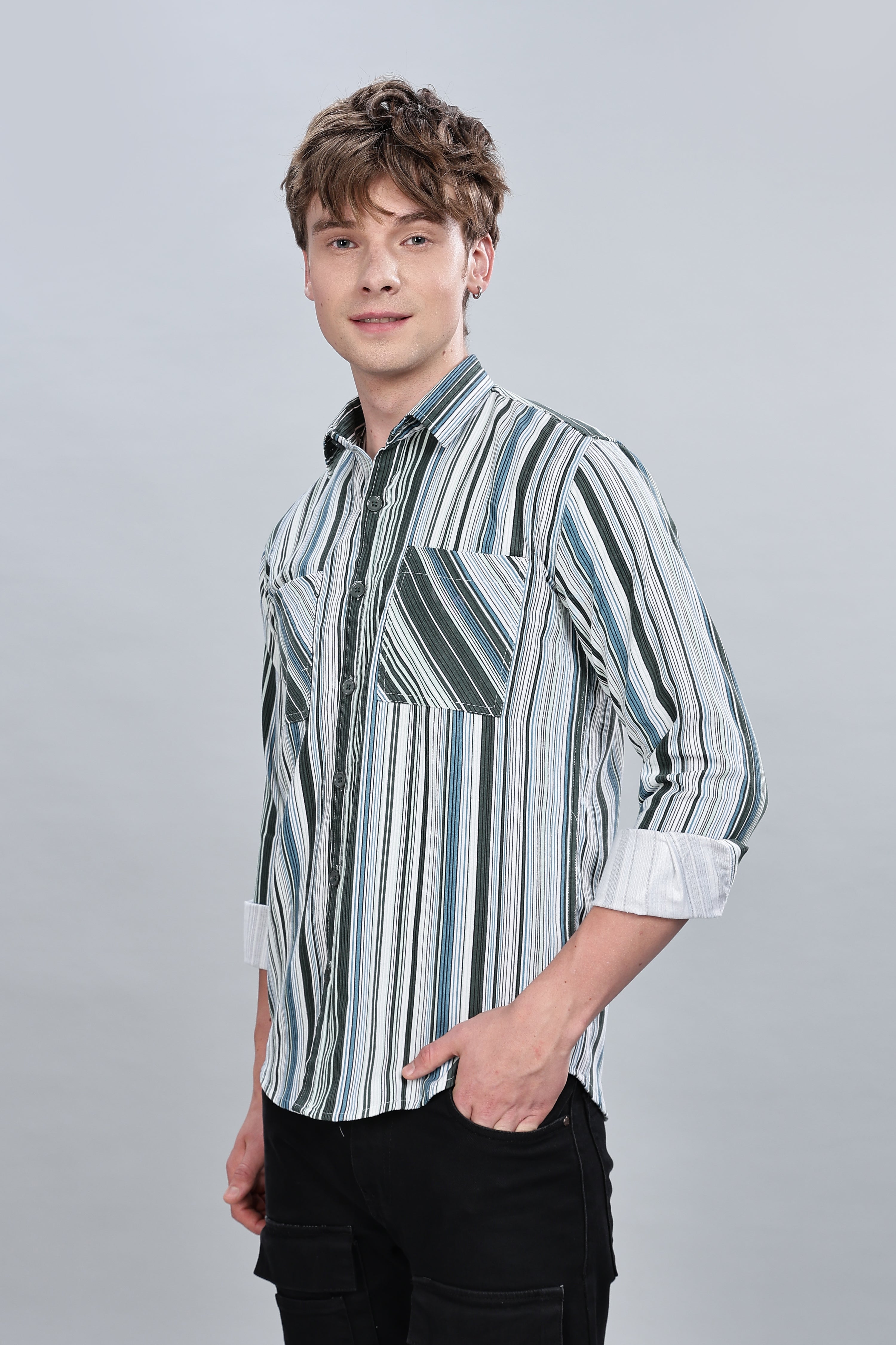 Green Blue Stripes Relaxed Fit Overshirt
