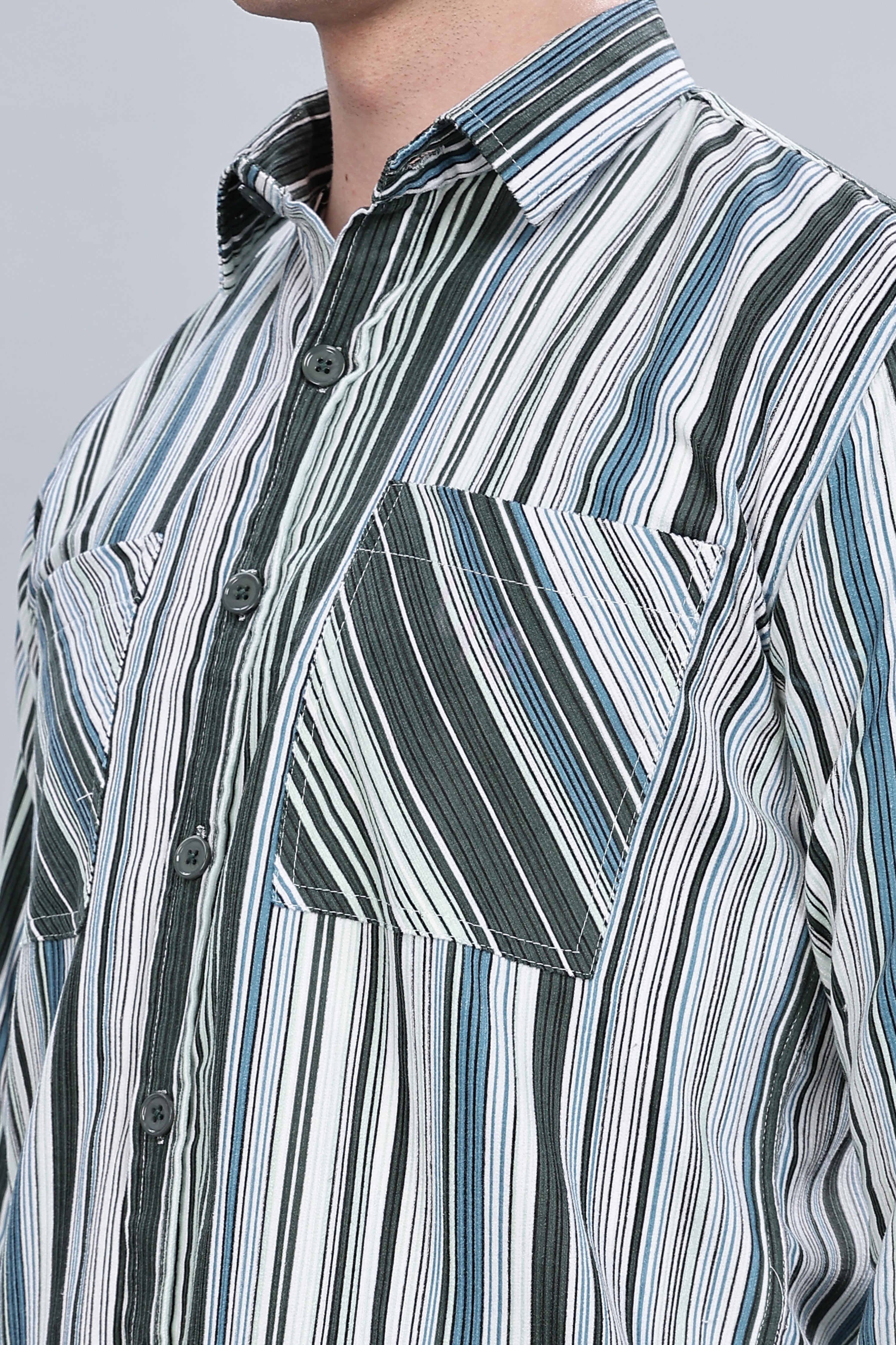 Green Blue Stripes Relaxed Fit Overshirt