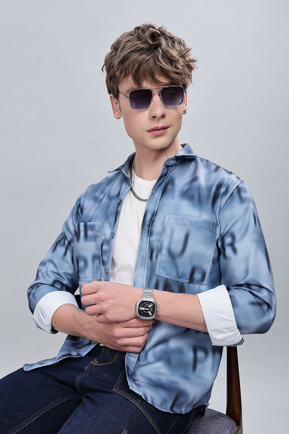 Blue Alphabetical Relaxed Fit Overshirt