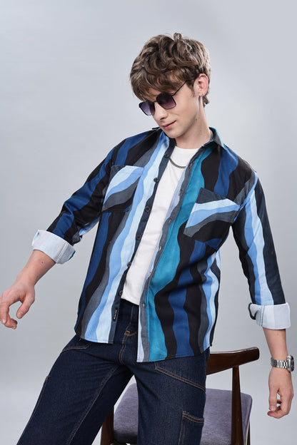 Blue Wavy Relaxed Fit Overshirt