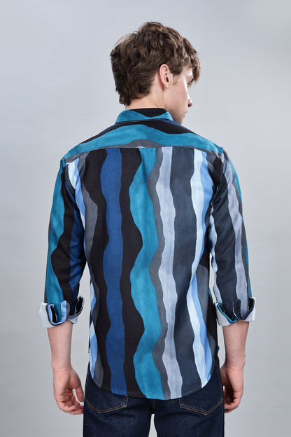 Blue Wavy Relaxed Fit Overshirt