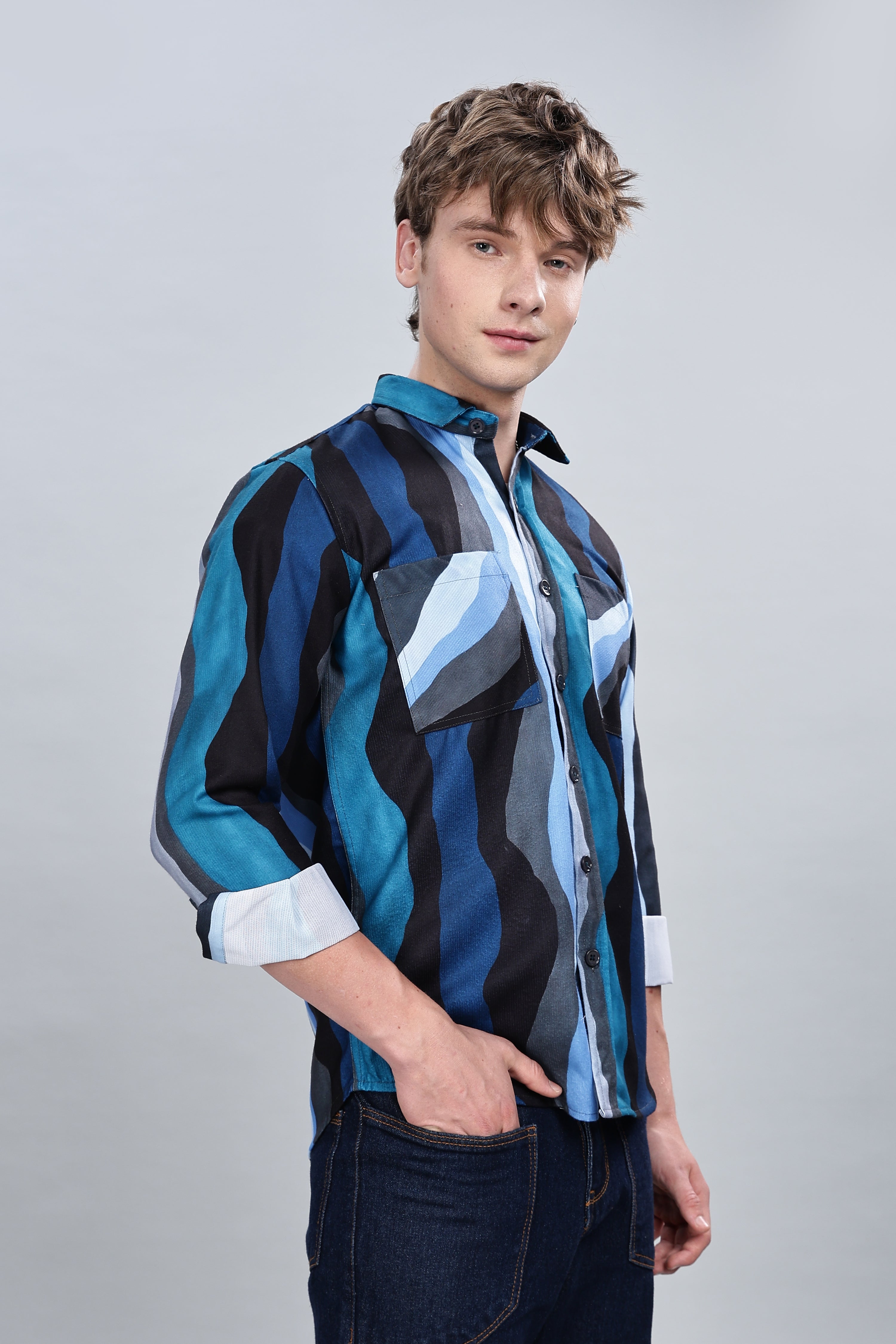 Blue Wavy Relaxed Fit Overshirt