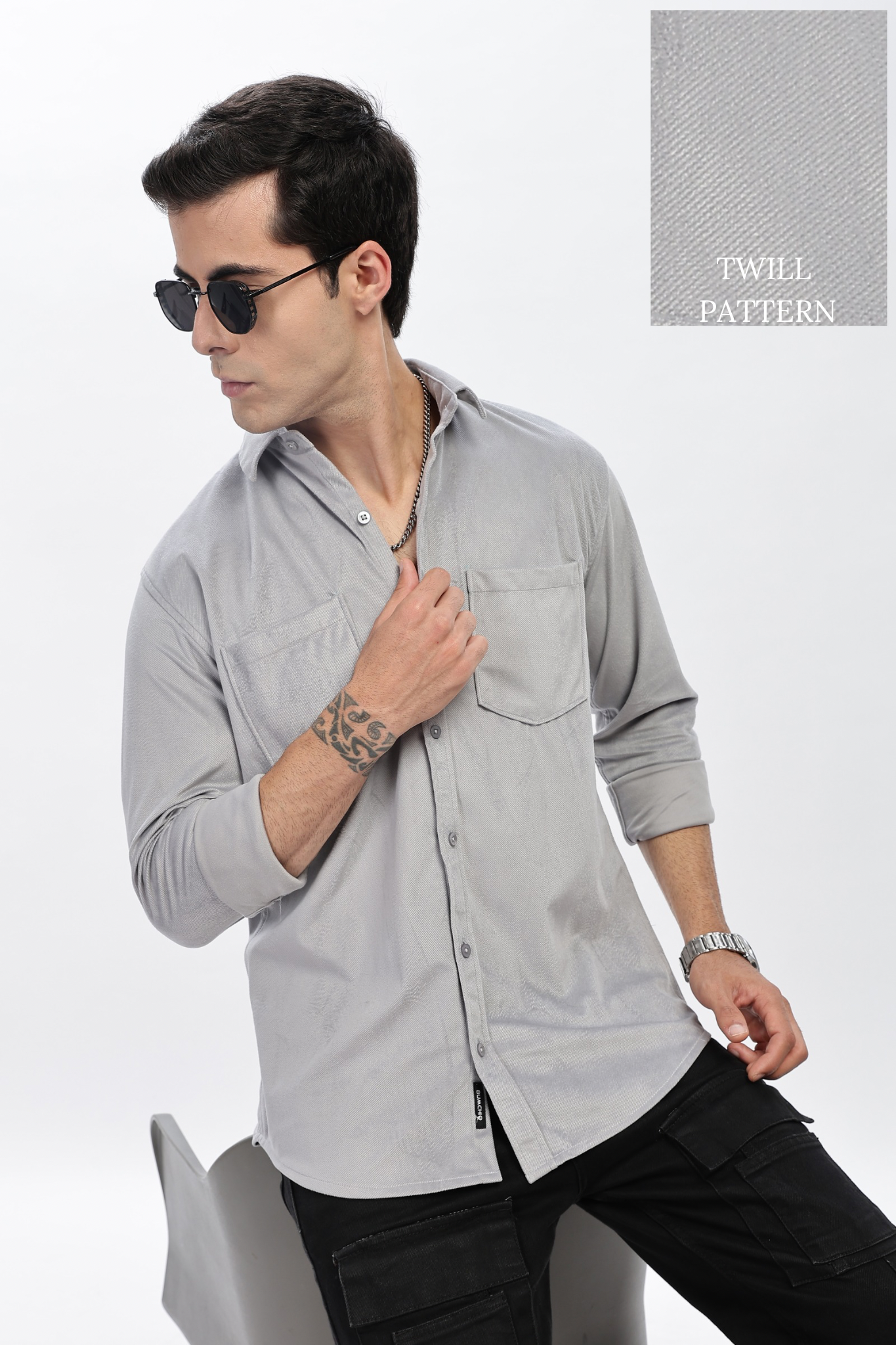 Light Grey Double Pocket Solid Shirt